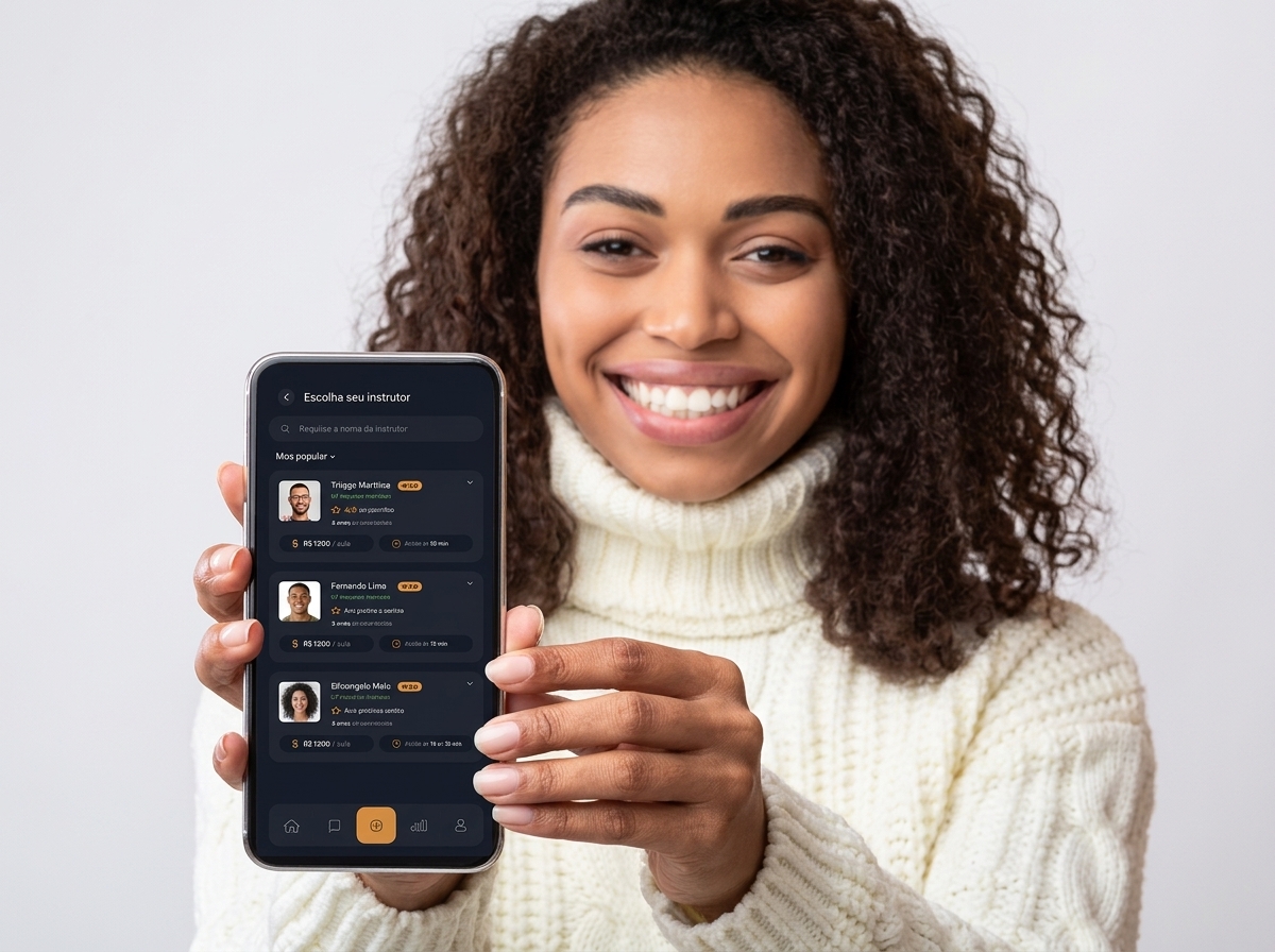 Aluna sorrindo segurando o smartphone mostrando o app de agendamento de aulas CNH Prime